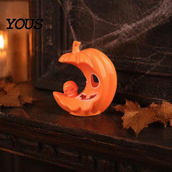 Detailed Ghost Face Decor LED Light-Up Halloween Pumpkin Moon Figurine, Spooky Crescent Skull Decoration Night Light for Home Desktop Shelf