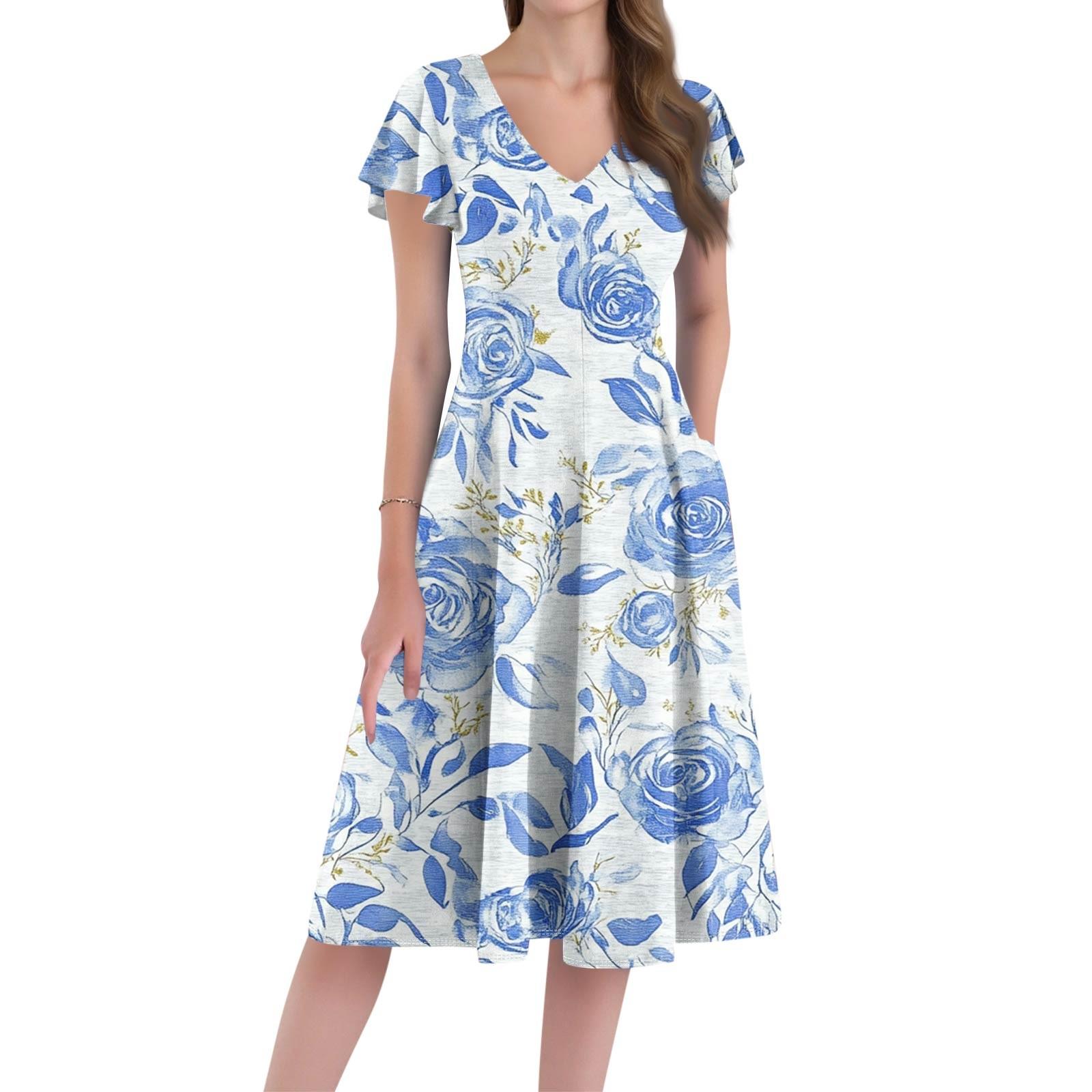 

Повседневное и модное платье средней длины с V-образным вырезом, короткими рукавами и цветочным принтом для женщин M синий