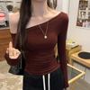 Elegant Spring Autumn Women's T-shirt 2026 Slim Fit Casual New Off Shoulder Top Fashion Long Sleeve Blouse Solid Color Sweet Clothing