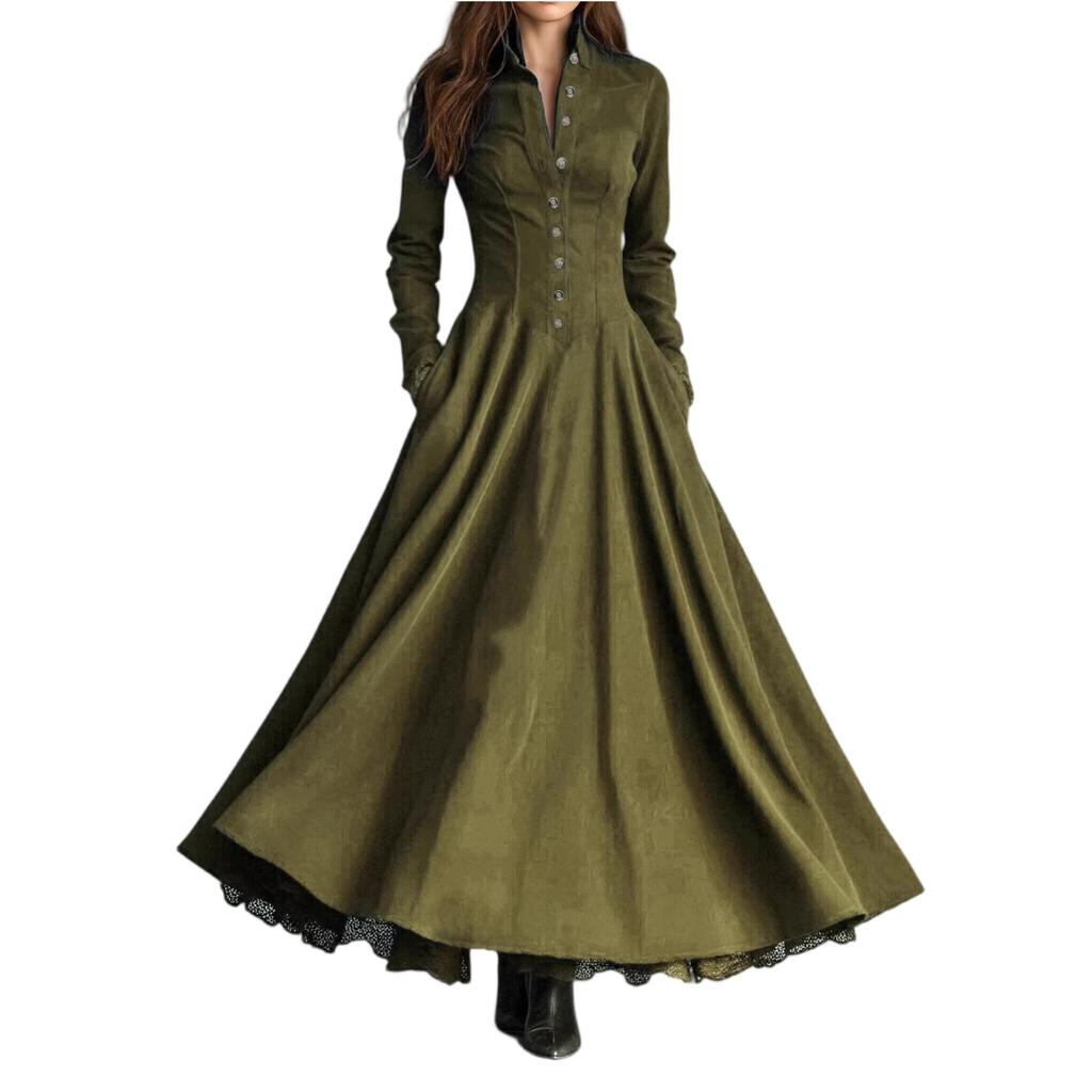 Abito Chemisier Vintage da Donna con Maniche Lunghe e Bordi in Pizzo Sintetico
