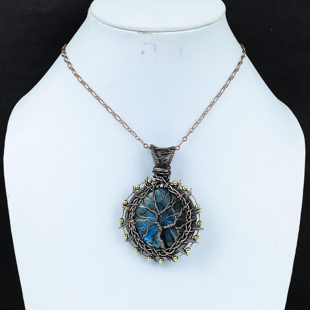 Unique Tree Of Life Carved Labradorite Gemstone Handmade Pure Copper Wire Wrapped Pendant Jewelry