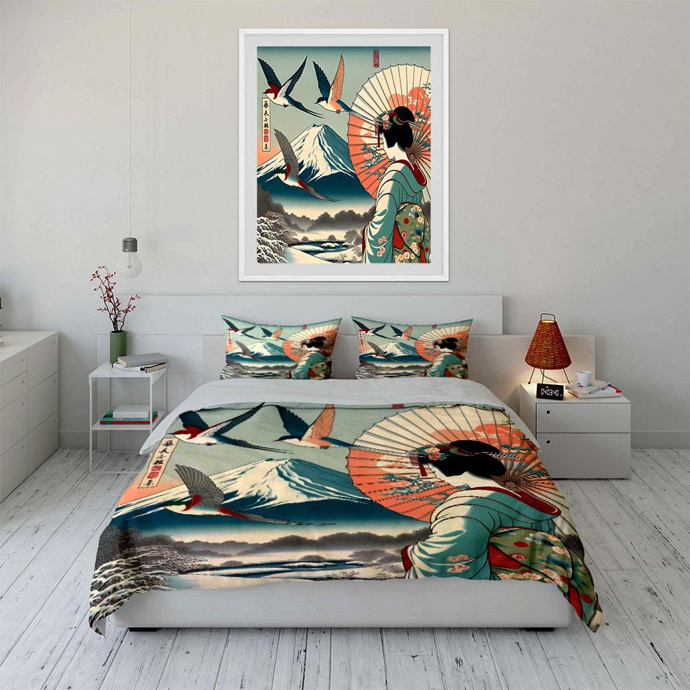 Traditional Japanese Art Decor Set Soft Comfortable Duvet Cover Bedding Set Included 1*Duvet Cover & 2*Pillowcases, Gift