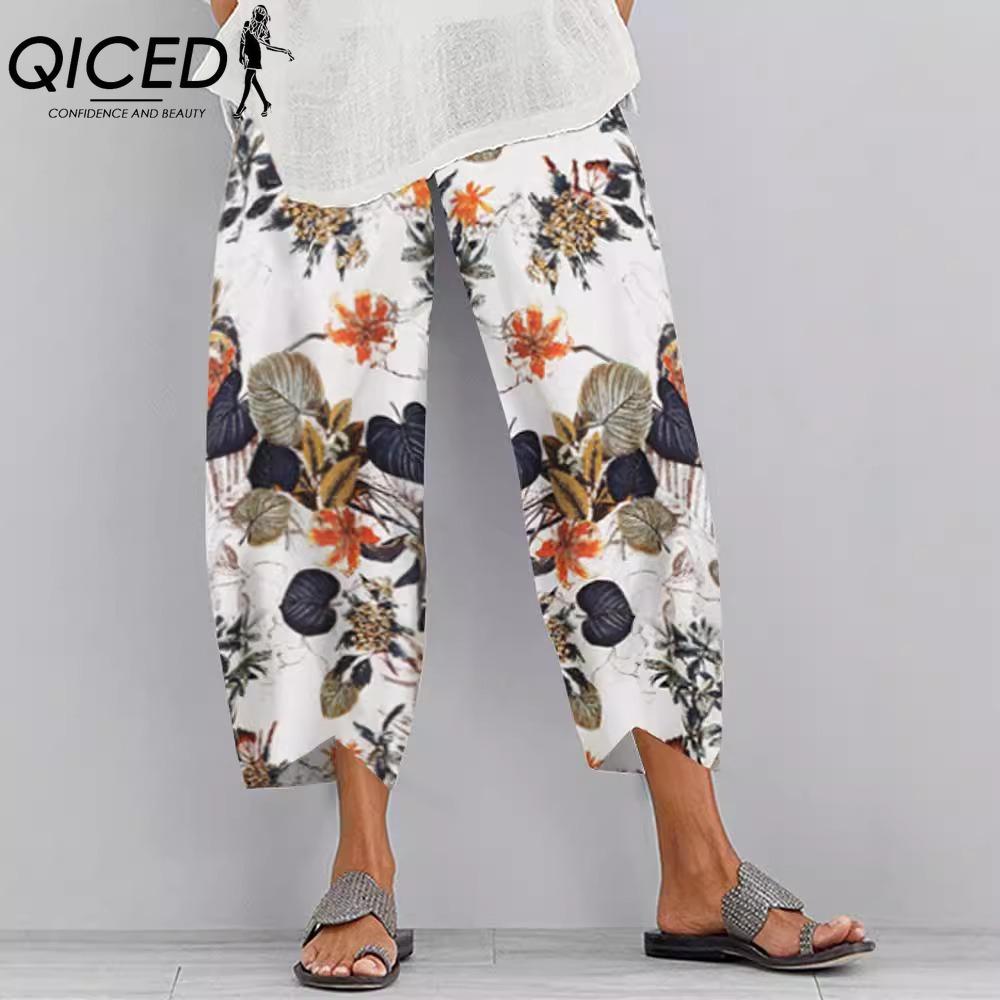 QICED Women's Fashion Casual Solid Color Print Pants & Capris