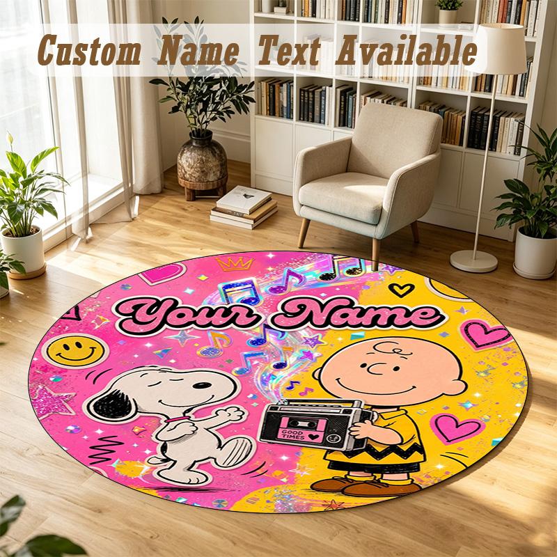 Snoopy Peanuts Personalized Round Rug Support Custom Name, Soft Home Decor Mat