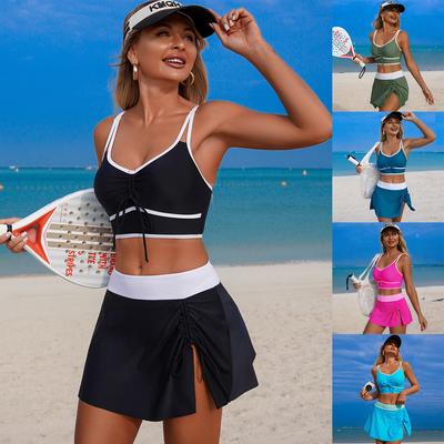 Damen-Badeanzug Unifarben Kordelzug Sport Schlitze Rock Sexy Bikini Anzug Strandbekleidung Mehrfarbig