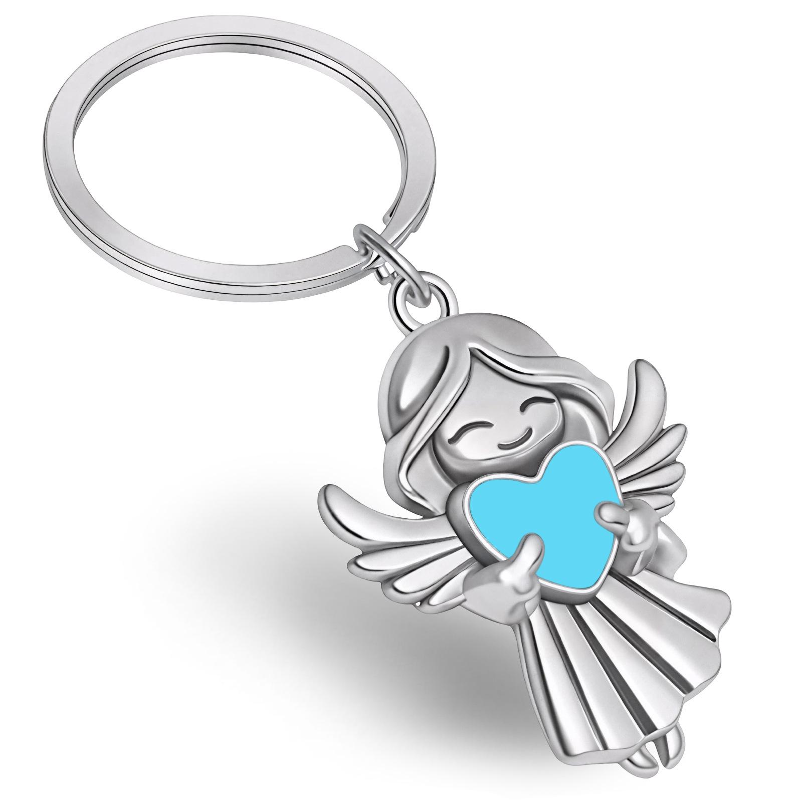 Heart Angel Smiling Girl Keychain: Guardian Angel Hugging Heart Pendant Gift синий