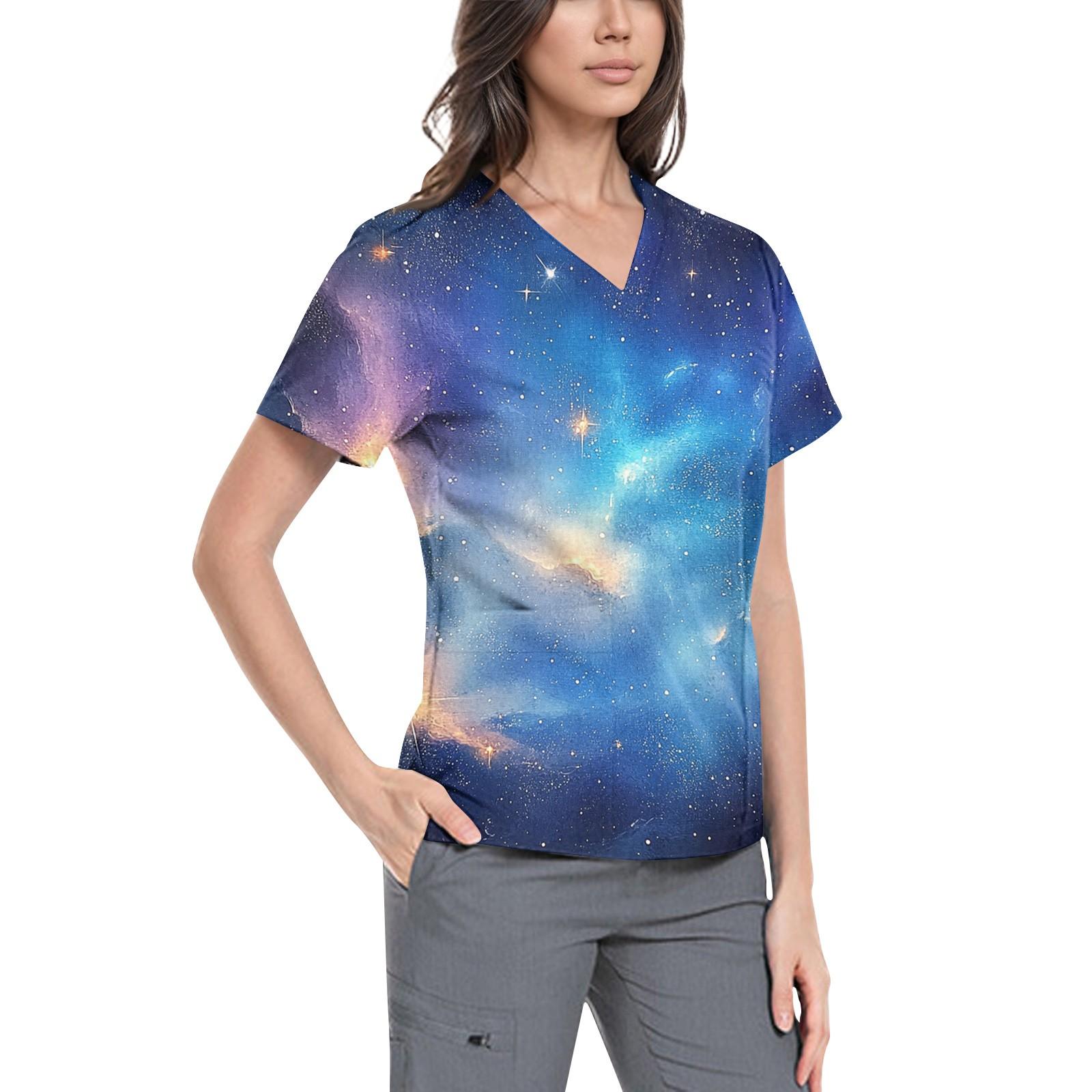 

Женская симпатичная принтованная рабочая одежда с V-образным вырезом, двухслойными карманами, базовым коротким рукавом, пуловером S синий