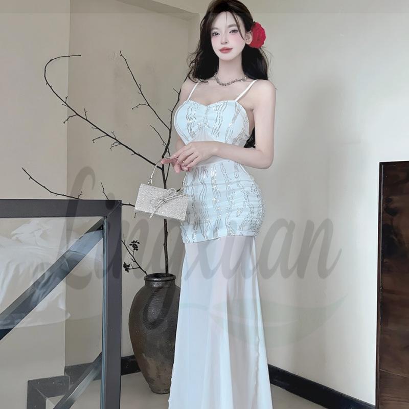 

Elegant Sequin Mesh Strap Evening Gown Large белый