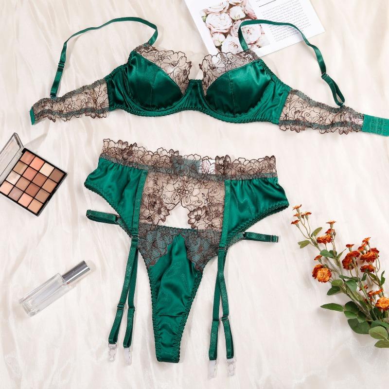 Sexy pure desire style new embroidered flower lace splicing garter belt sexy underwear set S зелёный