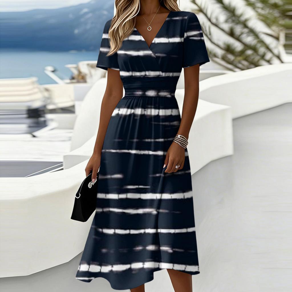 Ladies' Striped Casual Fashion Short Sleeved V-neck Dress