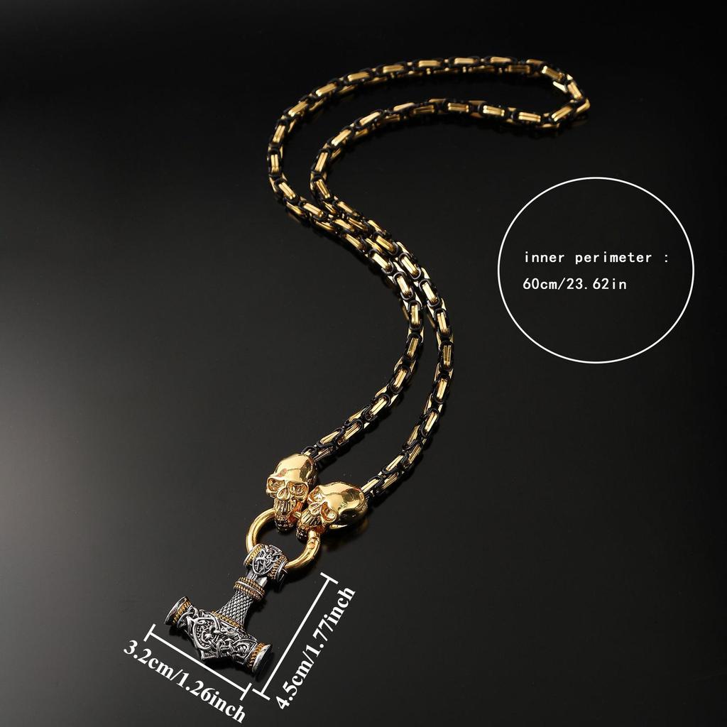 Retro Viking Skull Hammer Pendant Necklace with Stainless Steel Chain - European and American Fashion Jewelry Trend