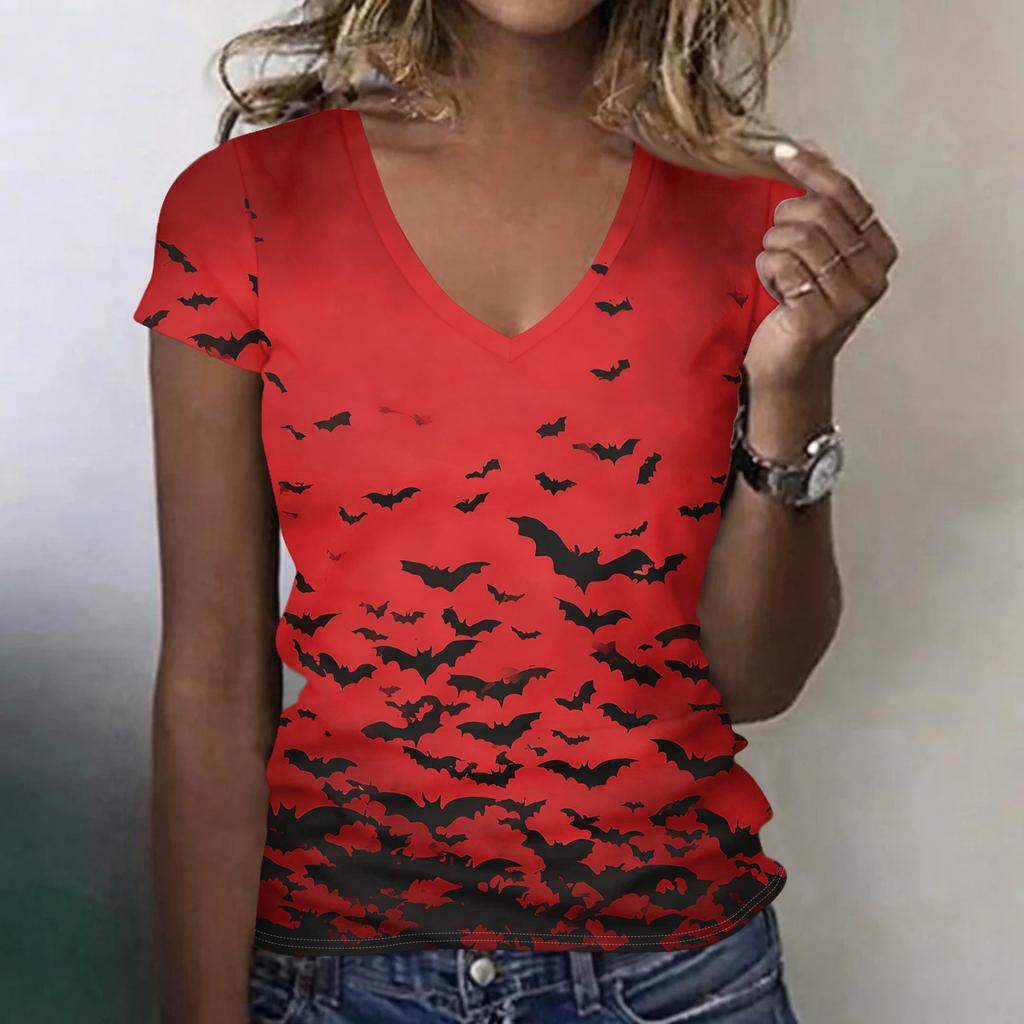 Women's V-Neck Halloween Print Lightweight Blouse for Spring and Summer