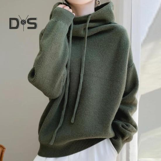 Damegenser Pelskrave Snøring Hette Langermet Strikketopper Ensfarget Casual Løs Passform Strikkeplagg