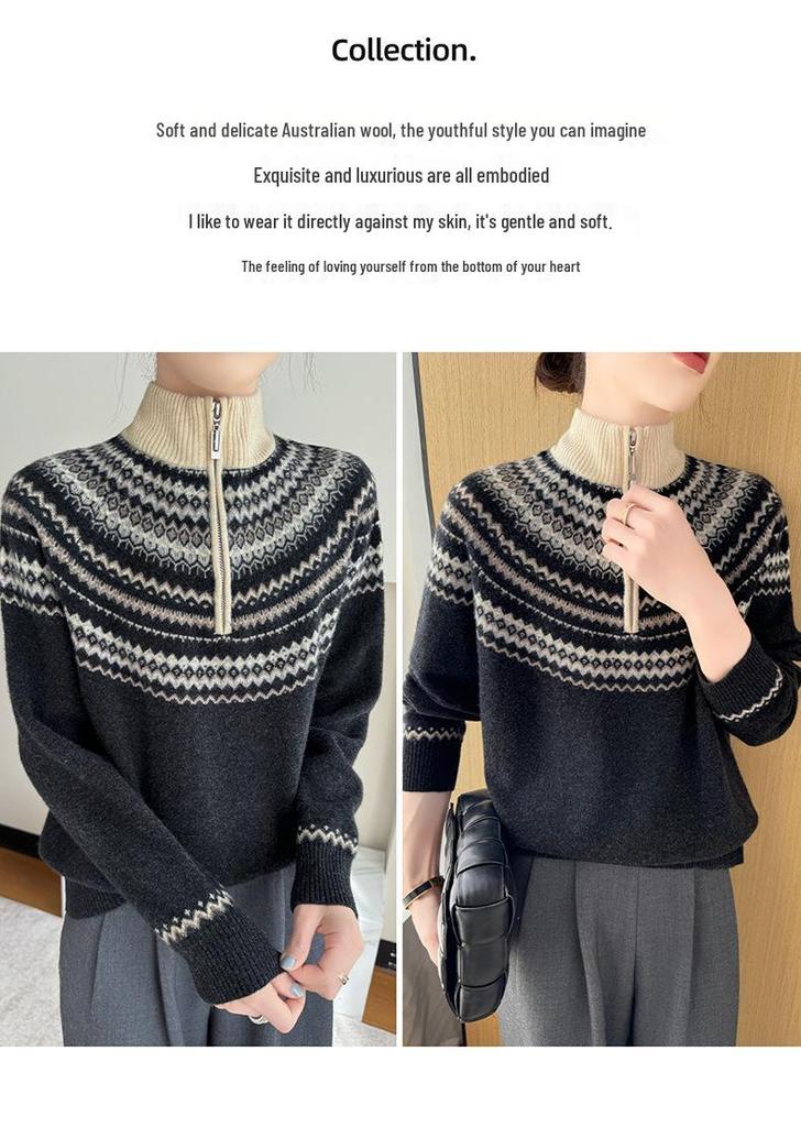 Women's Retro Fair Isle Stand Collar Wool Sweater - Loose Fit, 100% Wool, Plus Size Knitwear Outerwear