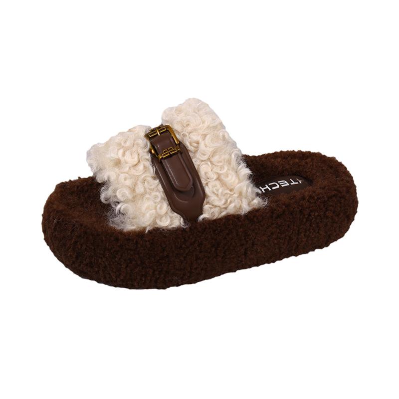 2025 Herbst neue Muffin-Dickensohlen flauschige Hausschuhe Damen Außenbekleidung Gürtelschnalle Ein-Wort Plüsch Baumwollhausschuhe