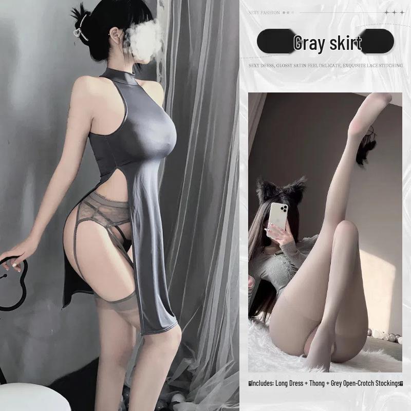 770 Plus Size Sexy Lingerie Slit Cheongsam Dress - Buttock-Revealing Summer Pajamas for Women, High Elasticity, Ideal for Roleplay