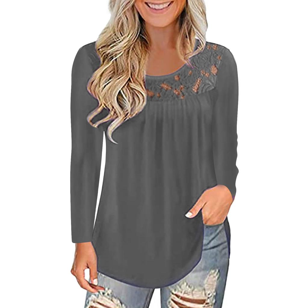 Women Fashion Lace Solid Splicing O-Neck Long Sleeve T-Shirt Blouse Tops