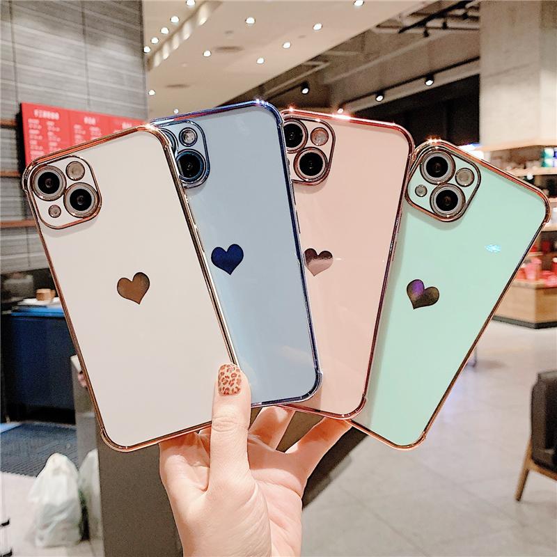 Love Heart Plating Frame Case For iPhone 13 12Mini 11 Pro Max SE2 SE3 Cute Soft Silicone Protective On 7 8 Plus XS XR Back Cover