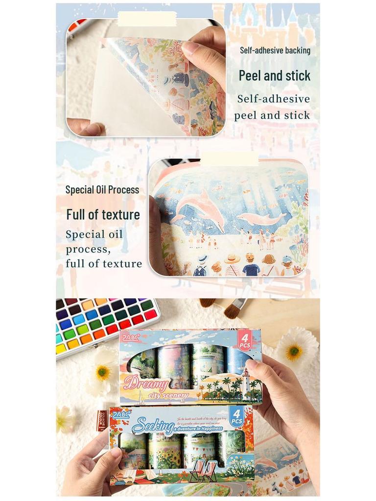 ZABC Landscape Series Adhesive Tape Set: DIY Journal Decoration, 2 Styles, 4 Rolls Included.