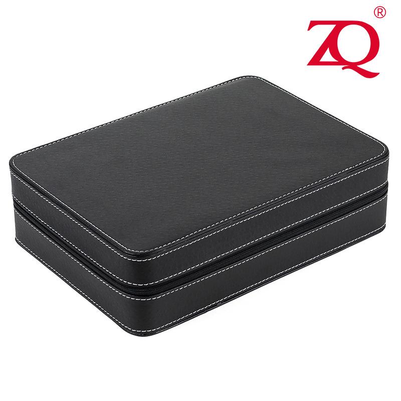 Portable Black and Blue-Gray Leather Zipper Watch Box with 6, 10, or 12 Slots - Flip-Top Jewelry Storage
