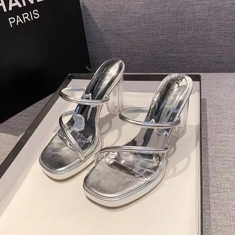 Women Sandals High Heels 7-9 Cm Silver Transparent Female Sandals Summer Sexy Nightclub Waterproof Platform Women's Shoes