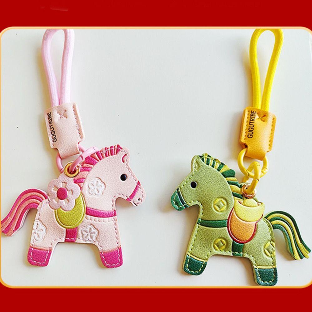 Leather Horse Keychain Access Control Card Holder Zodiac Pony Bag Hanging Year of The Horse