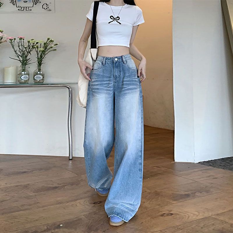 Comfortable Crease Blue Jeans Women's Petite Summer Vintage Washed High-waisted Trailing Wide-leg Trousers Jeans for Women Long Denim Pants