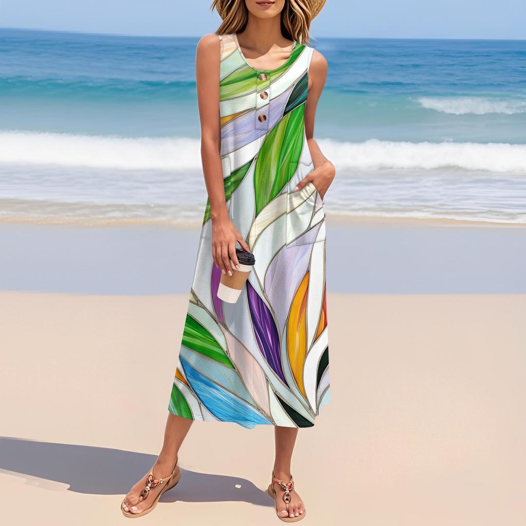 Women's Summer Vintage Floral Patchwork Print Dress Sleeveless Button Down Casual Loose Long Beach Sundress