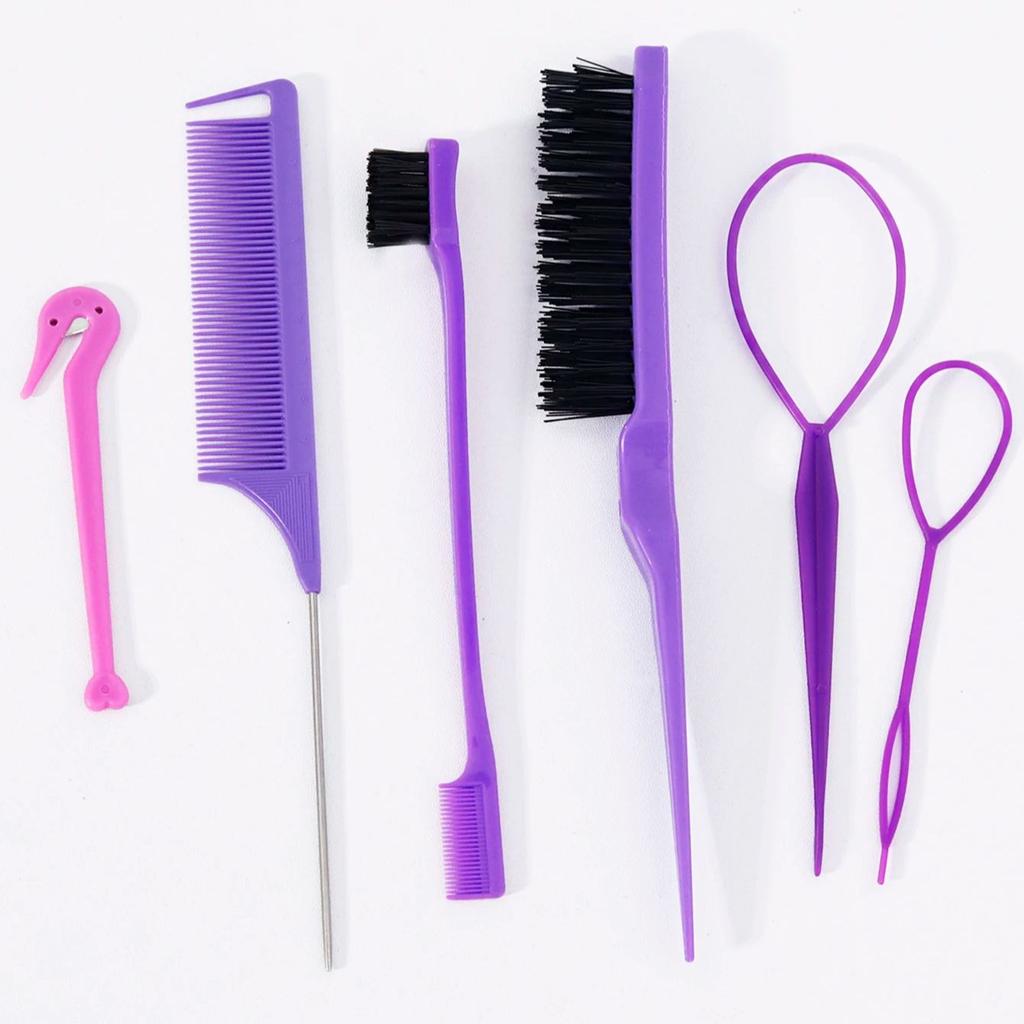 6pcs Hairdressing tool set,weaving tool ring,rat tail comb,tearing comb brush,edge control brush,suitable for all hair types