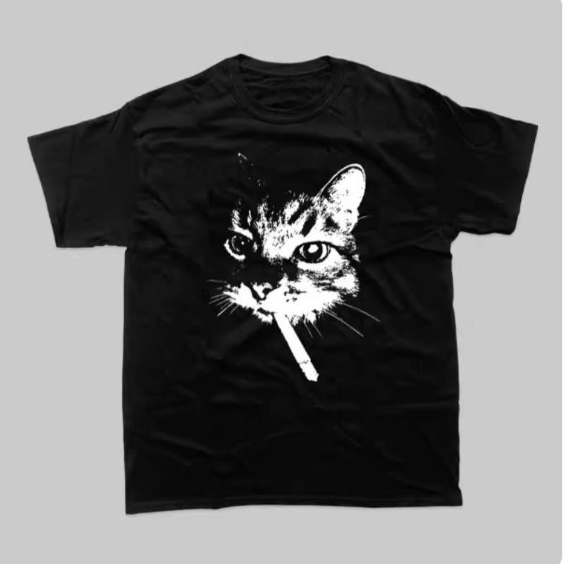 

New Street Smoking Cat Retro Printed Crewneck T-shirt Women Fashion Short Sleeves Funny Cat Meme Tops Women Clothing S
