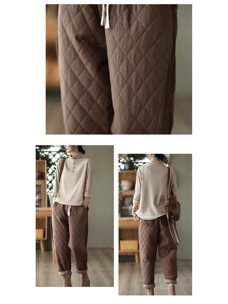 Retro Diamond-Patterned Women's Elastic Waist Harem Pants - Thick, Warm, Casual Cotton Trousers