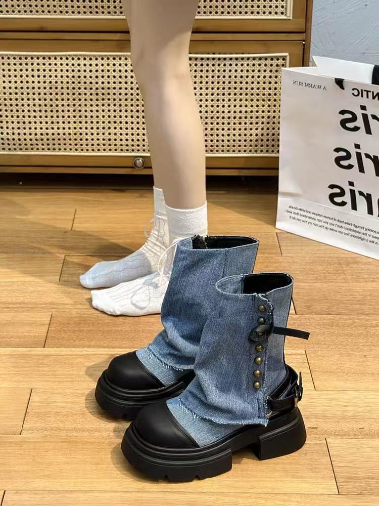 Short Boots Women's Summer 2026 New Autumn Western Denim Single Boots British Style Pants Leg Short Boots