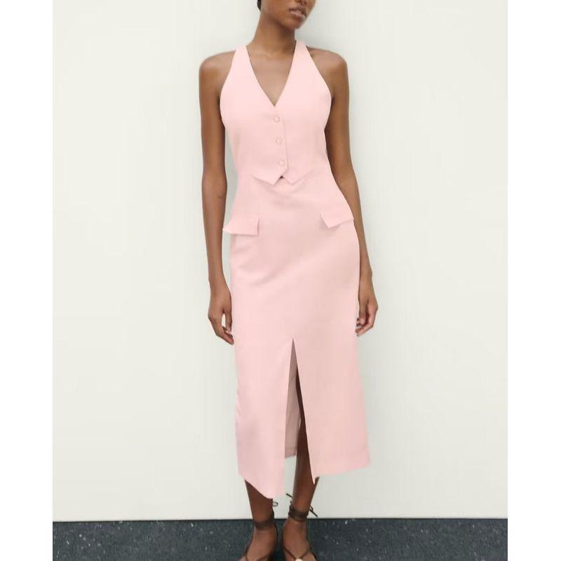 Spring New Shift Dress Long V Neck Sleeveless Split Design Linen Midi Skirt Dress 2309378