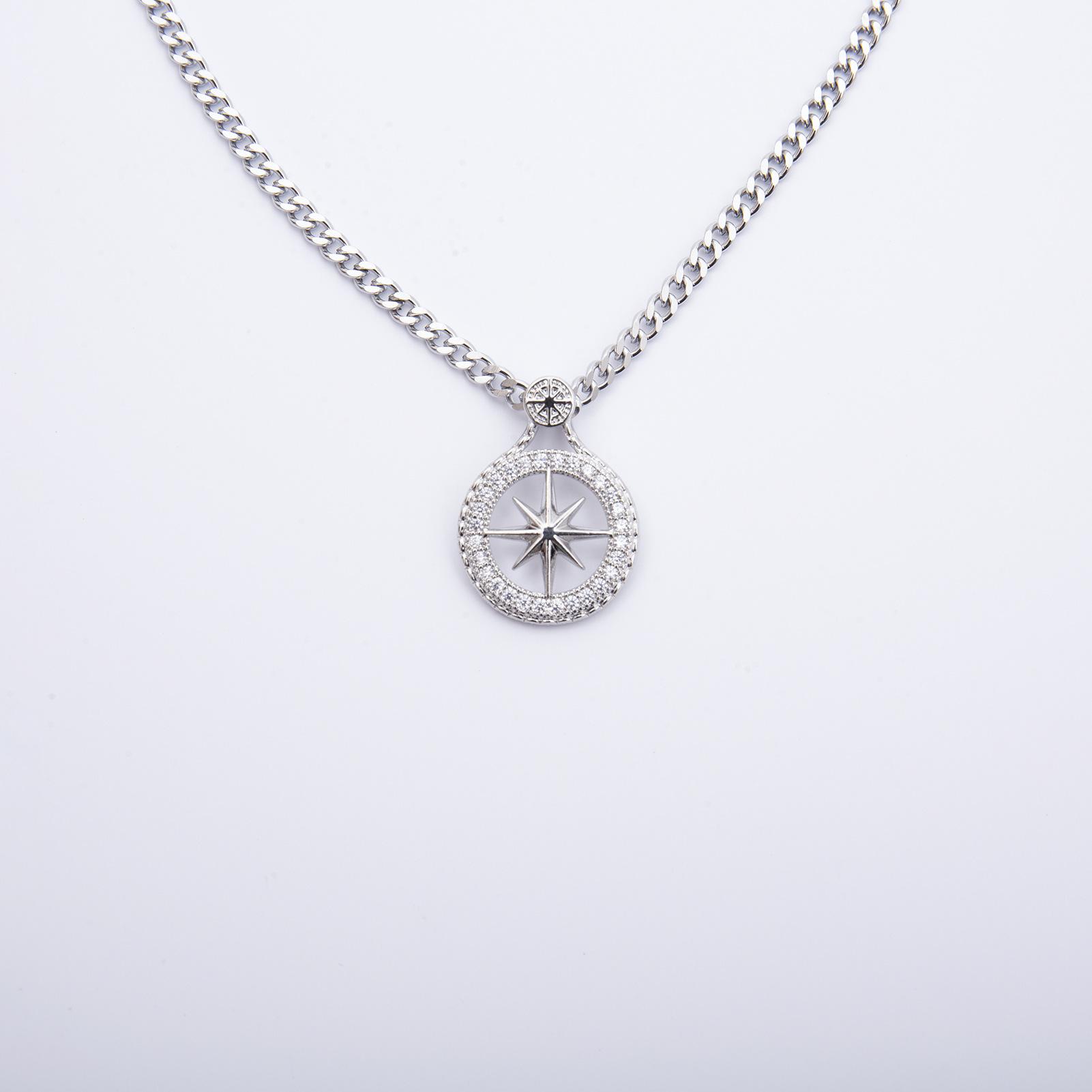 

Titanium steel chain compass necklace hip hop jewelry stand pendant cubic zirconia necklace Silver