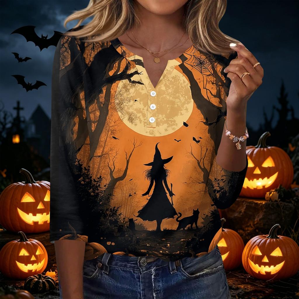 Women's Casual Halloween Print V Neck Button Front Three Quarter Sleeve T Shirt Top Lightweight Comfortable Fall Shirt