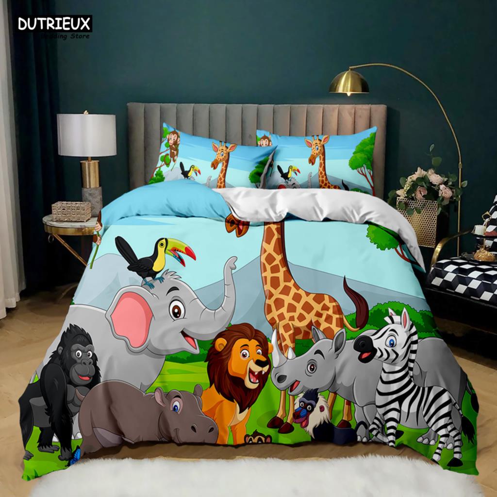 Elephant Comforter Cover Cute Cartoon Animal Paradise Bedding Set Boys Girls Kids 3D Animal World Queen Polyester Duvet Cover