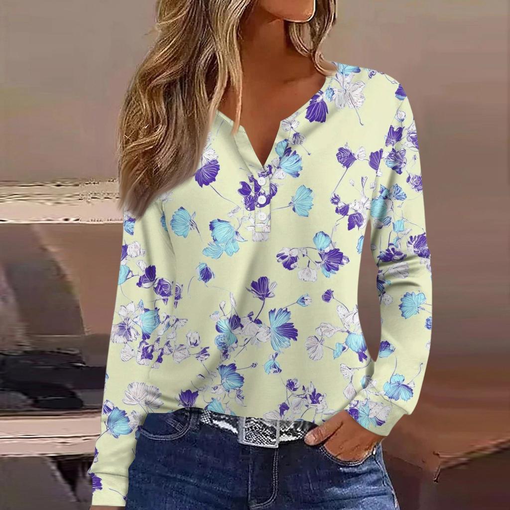 Dámské tričko Tričko Knoflíček Dlouhý rukáv Denní víkendová móda Basic Top s výstřihem do V
