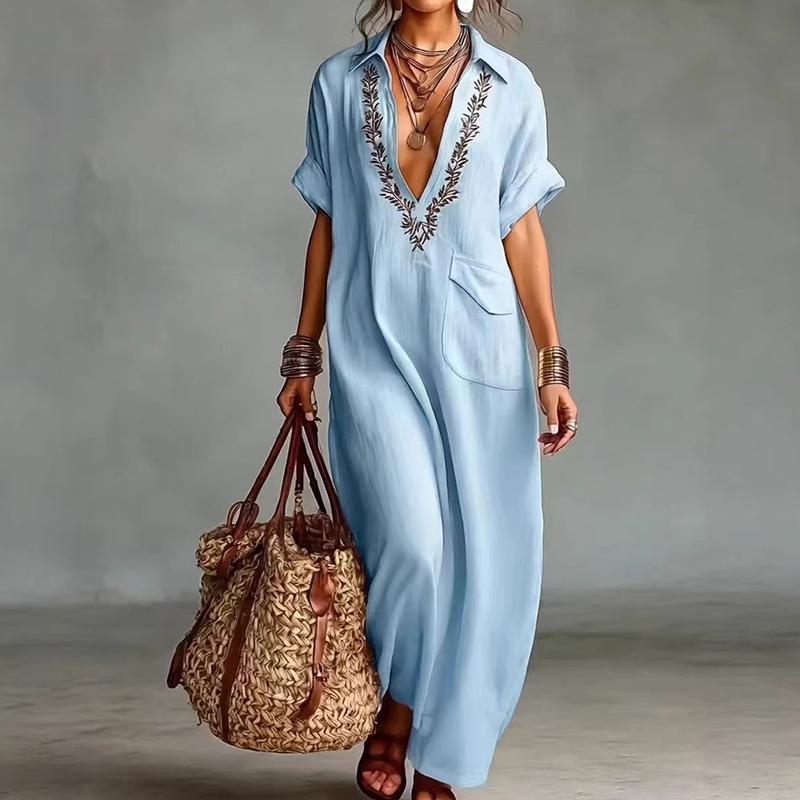 New Short Sleeve Holiday Elegant Party Dress, Women Summer Turn-Down Collar Simple Maxi Dress, Loose Patchwork Ladies Dress