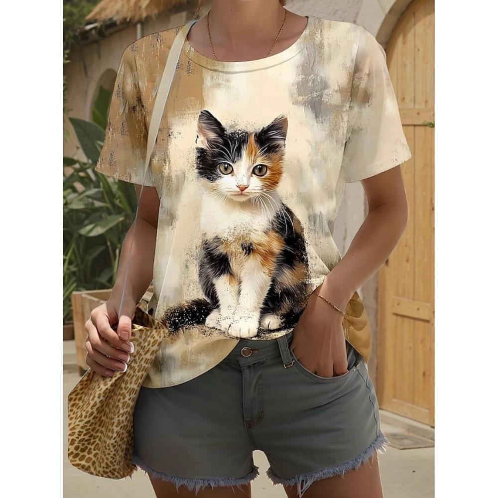 Summer Women Cat Print Casual Short-Sleeved 3d Fashion Streetwear Round Neck Pullover Oversized