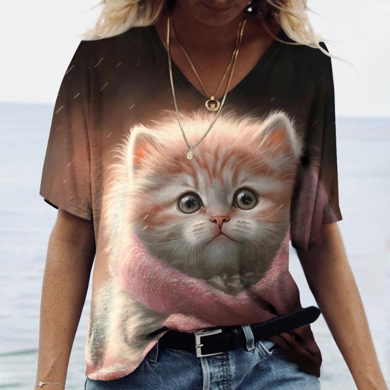 Plus Size 7XL Summer Women's T-shirt Retro 3D Printed Cat Pattern V-neck Top Short Sleeved Loose T-Shirts Women’s