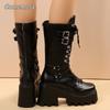 Fashion Fashion Chunky High Heel Mid Calf Boots Women Thick Bottom Patent Leather Punk Boots Woman Gothic Black Platform Booties 35-43