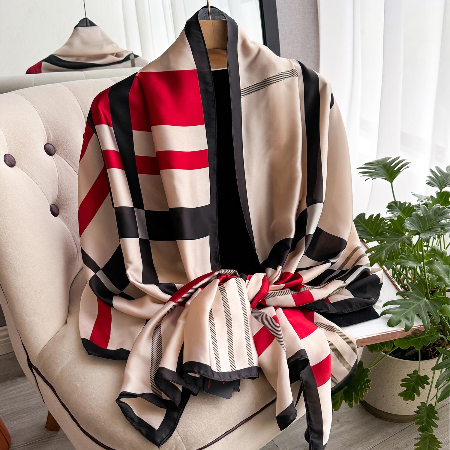 

Новый геометрический дизайн, большой шелковый мягкий шарф, женский стильный принт, длинный платок, летняя защита от солнца, элегантная дорожная накидка