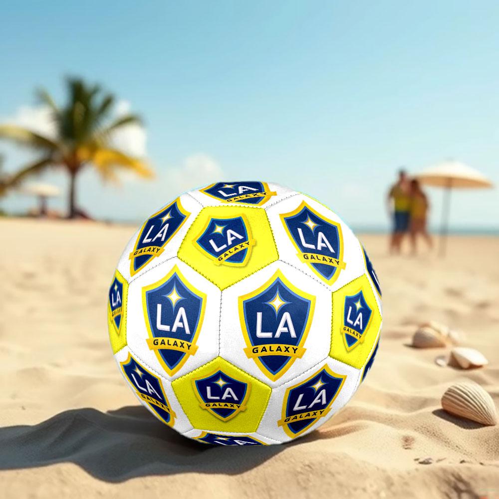 LA Galaxy Size 5 Soccer Ball, Machine-Stitched PVC, Durable & High Bounce, All Ages Fit, Fan Merchandise, Matches & Outdoor Use.