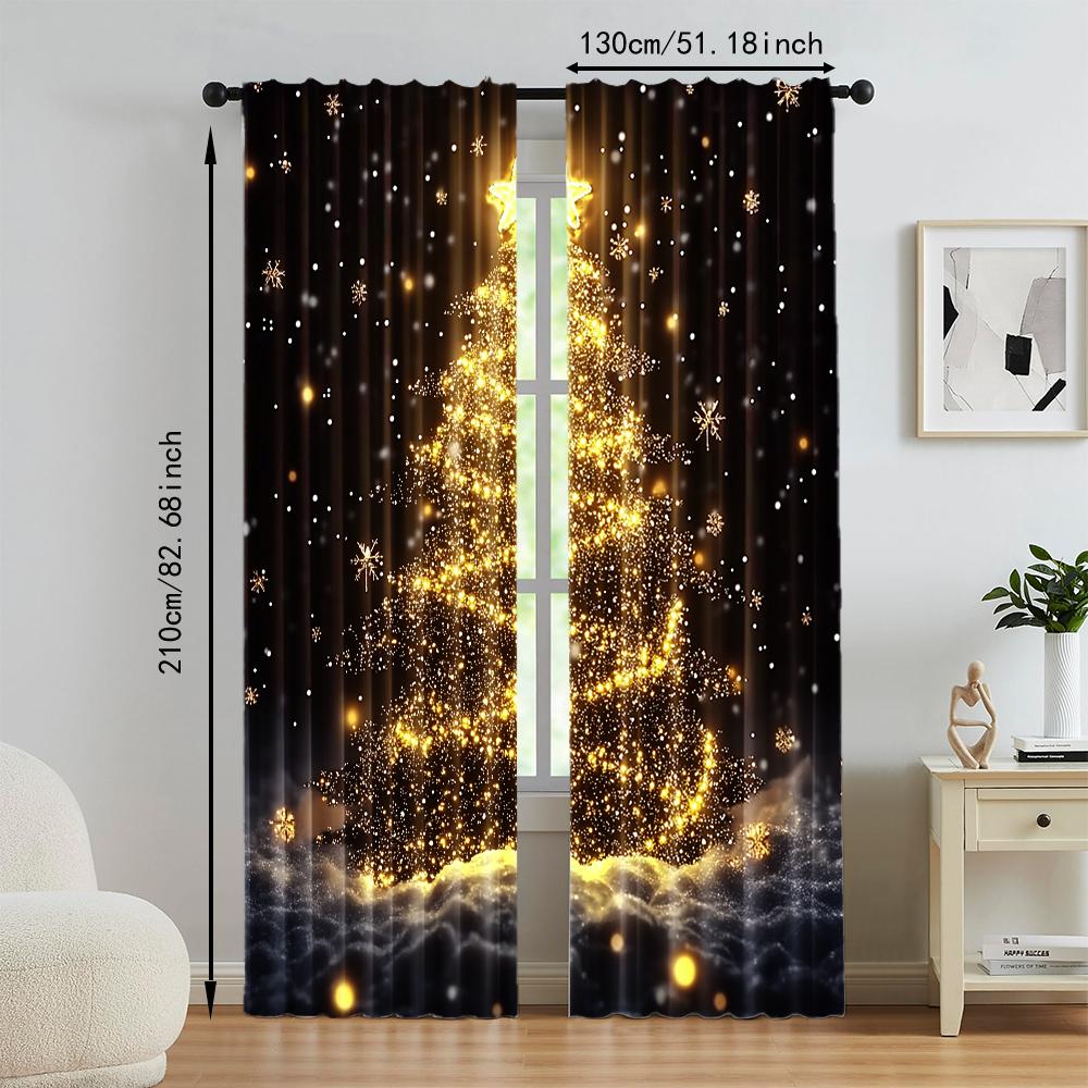 2Pcs Golden Christmas Tree Print Curtains Rod Hole Design For Easy Hanging Perfect For Living Room Bedroom Office Polyester Home