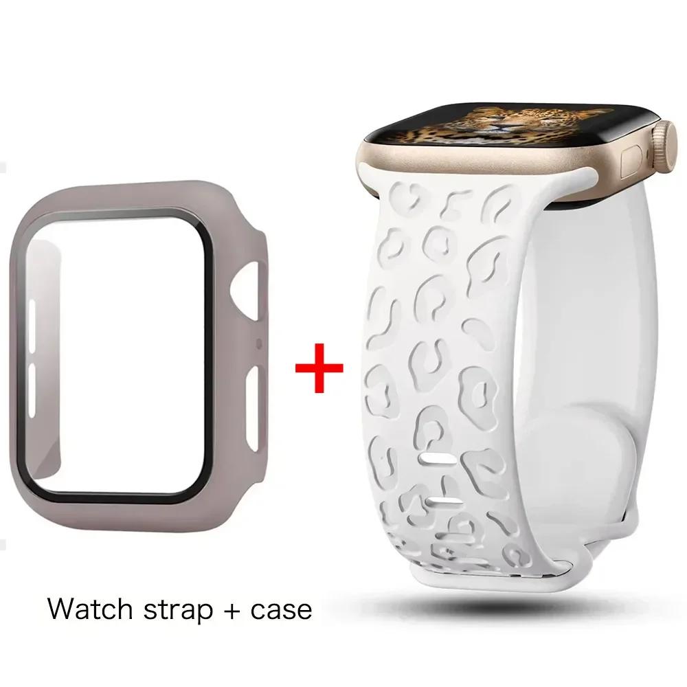Glass+Case+Strap for Apple Watch Band 45mm 44mm 41mm 40mm Engraved Leopard belt for Apple IWatch Series 10 8 7 6 SE 5 46mm 42mm