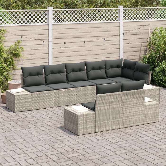 VidaXL Ensemble de Canapés de Jardin 8 Pièces avec Coussins Gris Clair Poly Rattan 3355781