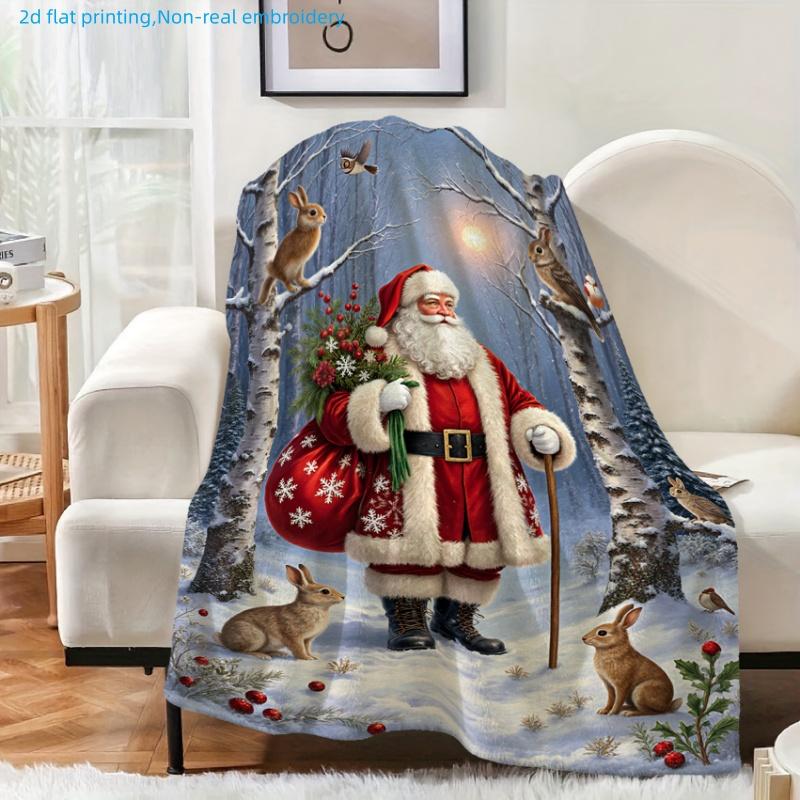 1pc Christmas Holiday Santa Claus And Snowy Forest Printed Blanket, Christmas Gift Theme, Multi-Size Available, Autumn Thanksgiving Christmas Nap Blan
