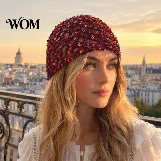 Lightweight Breathable Headwear Fishnet Hat for Women, Mesh Knitting with Hollow Sequin Design, Elastic Fit Hand-Woven Daily Wear