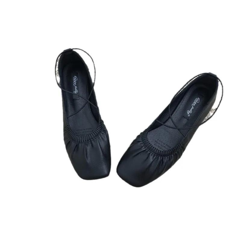 Pleated Single Shoes Women Square Toe Soft Ballet Flats Slip On Solid Color Elegant Dance Shoe Cross Ladies Loafers