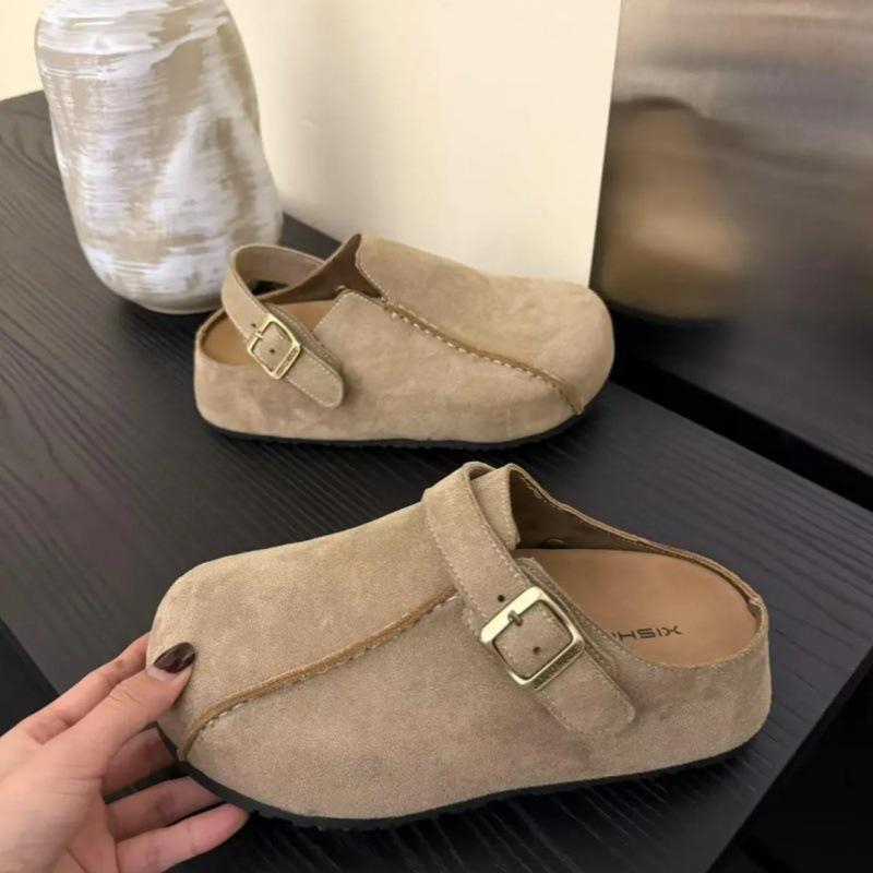 

Retro matte leather bag head half slippers women s shoes outer wear 2025 spring versatile lazy bag head Boken women s shoes 40 хакі